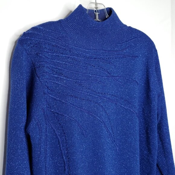 Womens Mock Neck Sweater L Blue Metallic Embroidered Beaded Party Holiday - Picture 2 of 6